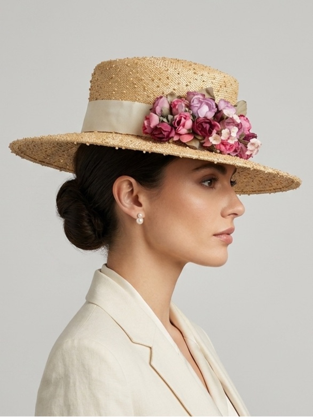 Vintage Straw Boater Hat w/ Flowers - made by Vicki Sather 🇨🇦
